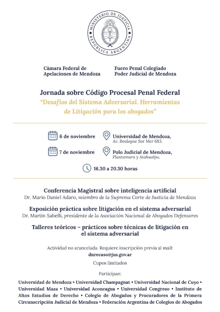 El Ministerio de Justicia de la Nación realizará en Mendoza la primera Jornada sobre el Código Procesal Penal